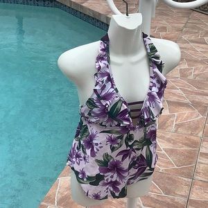 ANA tankini purple white green tropical size Small very feminine ruffled…